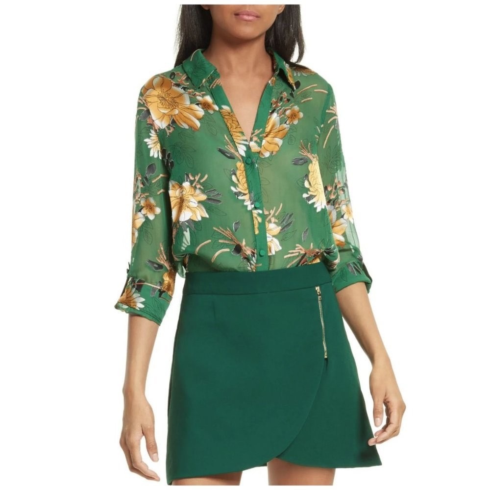 Alice + Olivia Eloise Roll Sleeve Floral Blouse Green Yellow S/P